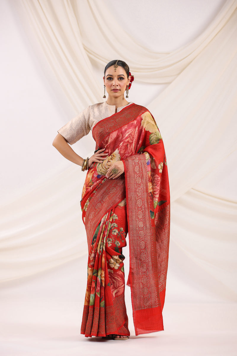 Handwoven Banarasi RedTussar Silk Saree