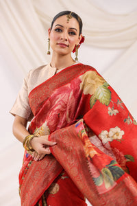 Handwoven Banarasi RedTussar Silk Saree
