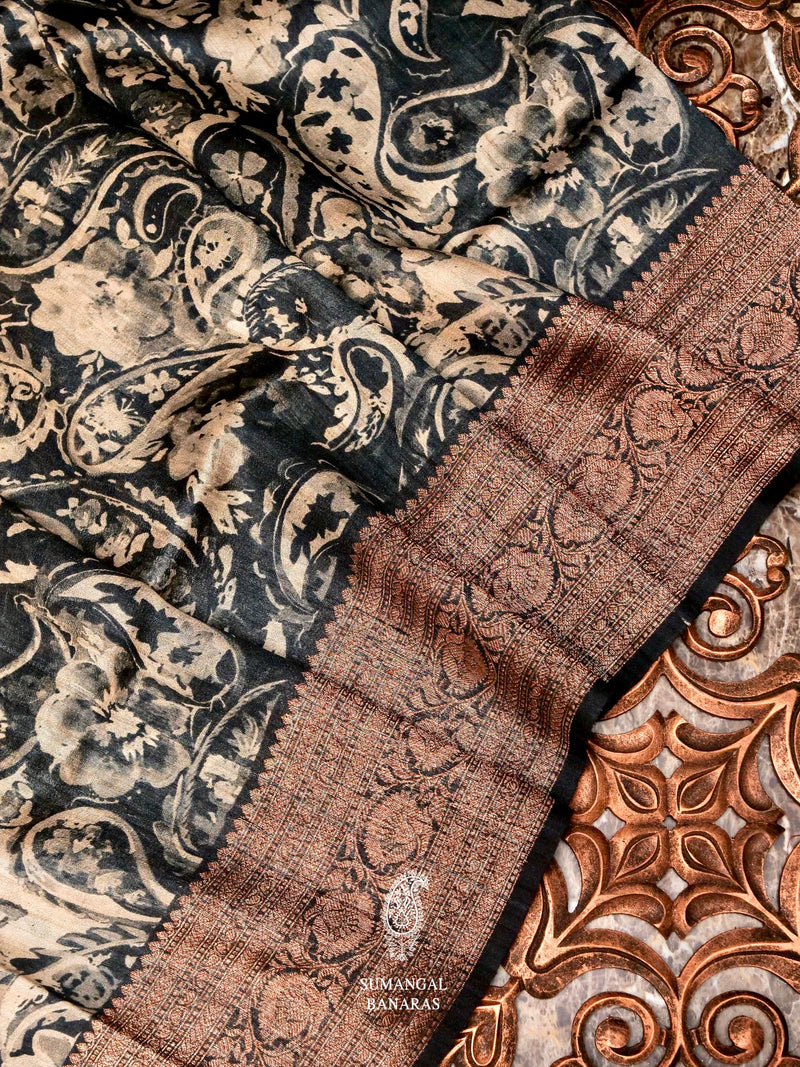 Handwoven Banarasi black Tussar Silk Saree