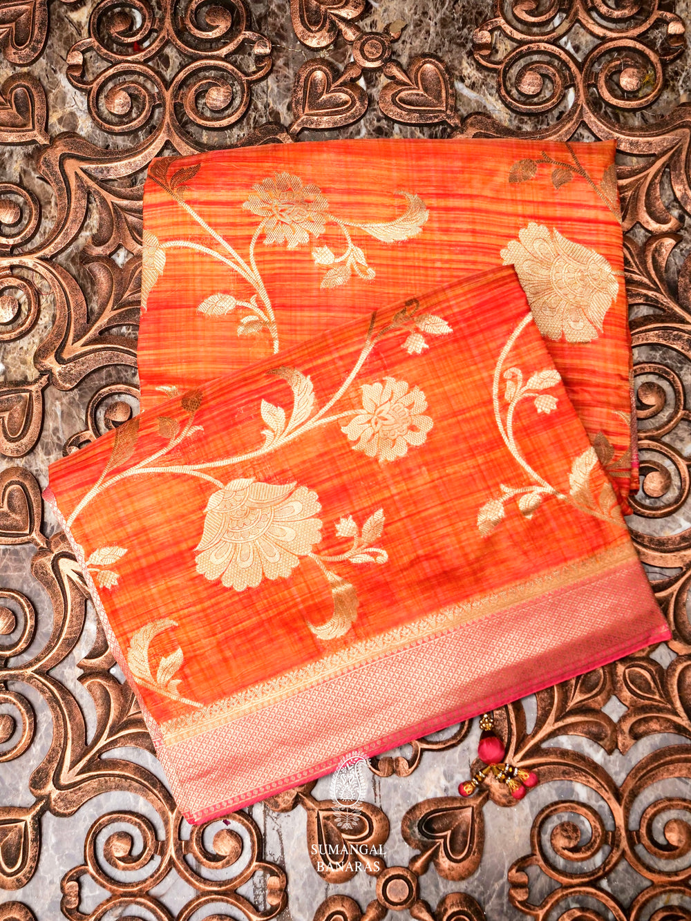 Banarasi Orange Blended Moonga Silk Saree