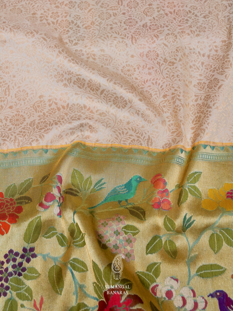 Handwoven Golden White Katan Silk Saree