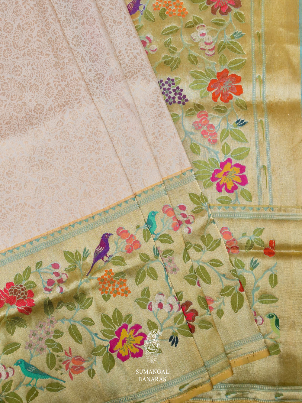 Handwoven Golden White Katan Silk Saree