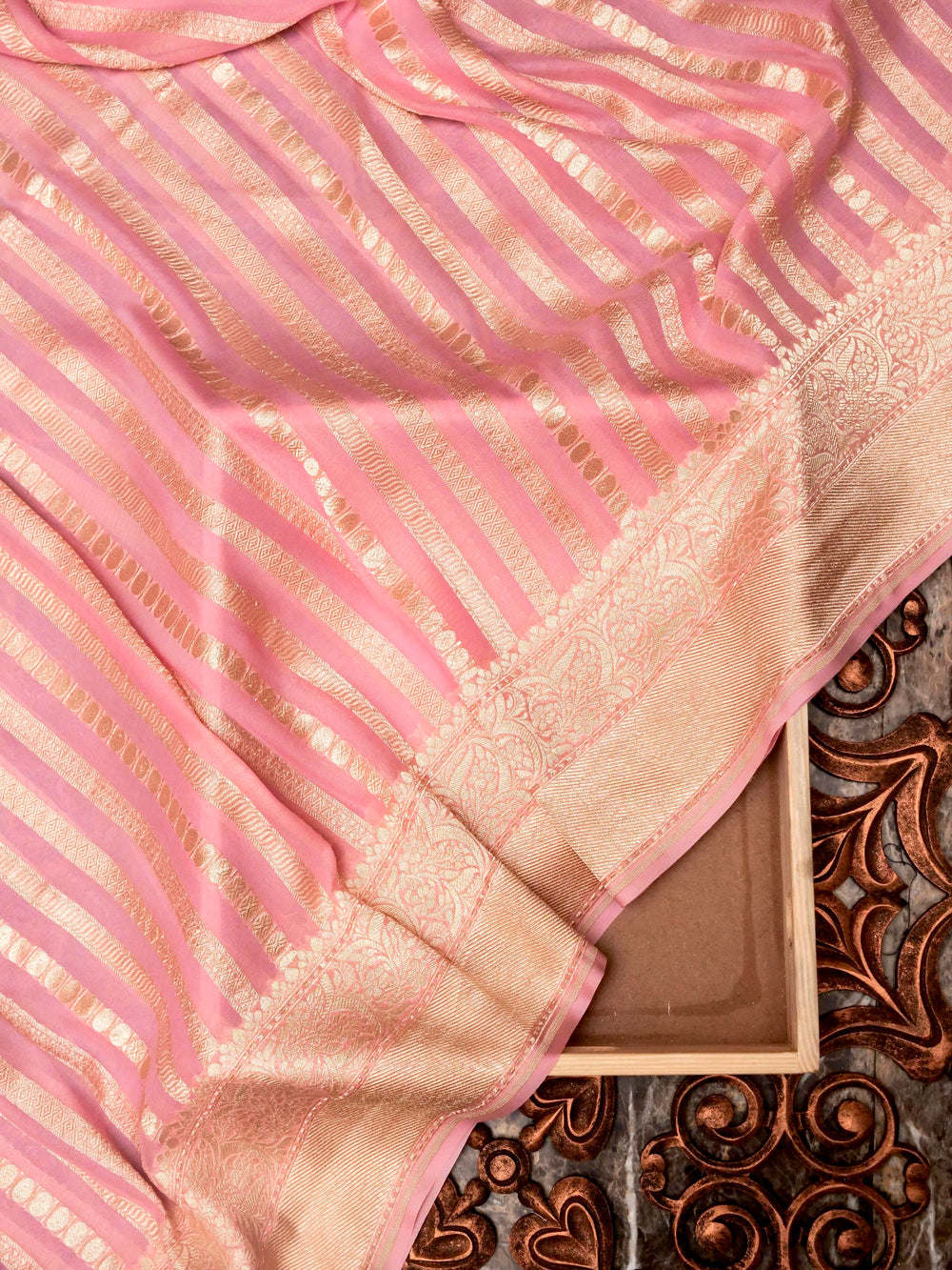 Handwoven Baby Pink Banarasi Khaddi Georgette Silk Saree