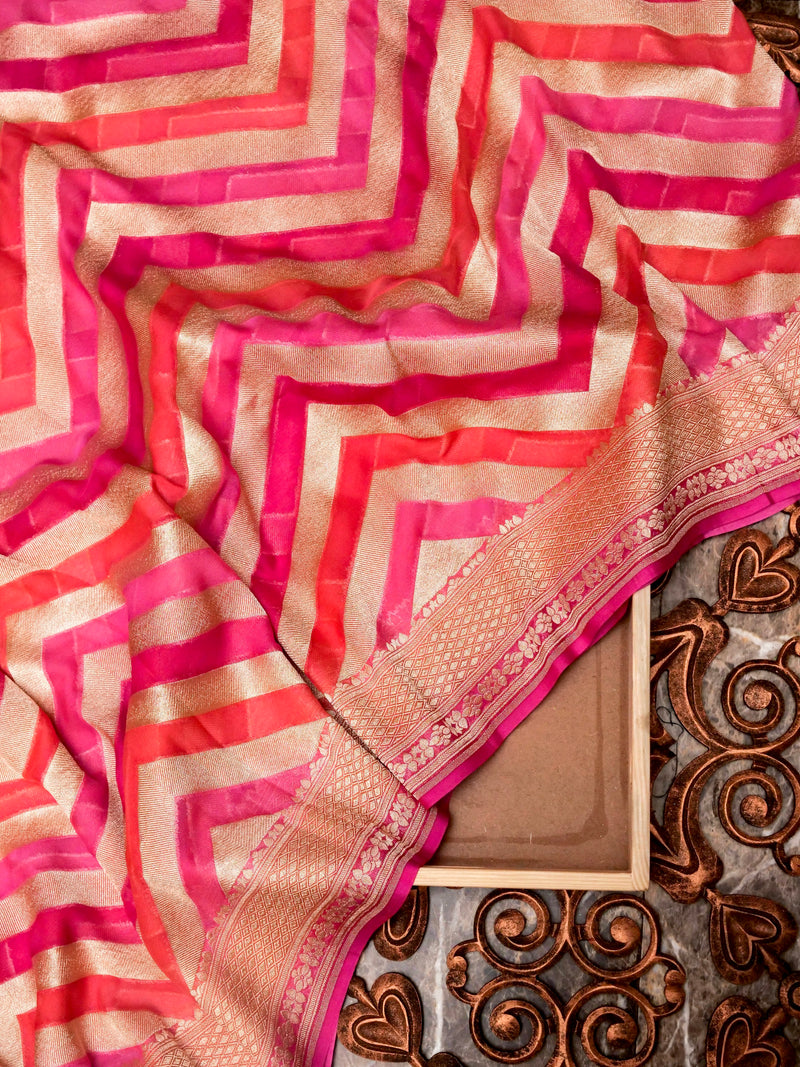 Handwoven Shaded Pink Banarasi Rangkat Khaddi Georgette Silk Saree