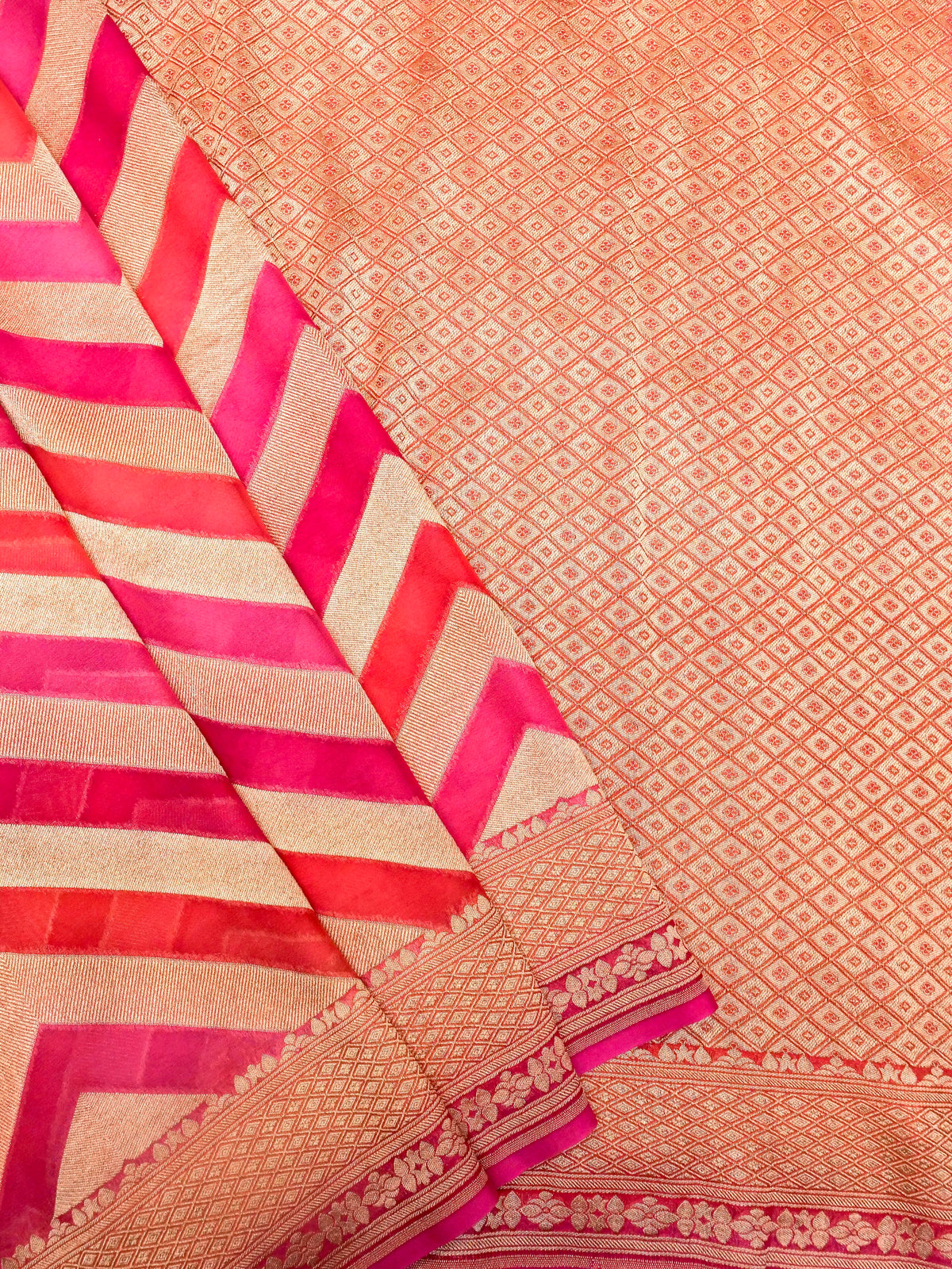 Handwoven Shaded Pink Banarasi Rangkat Khaddi Georgette Silk Saree
