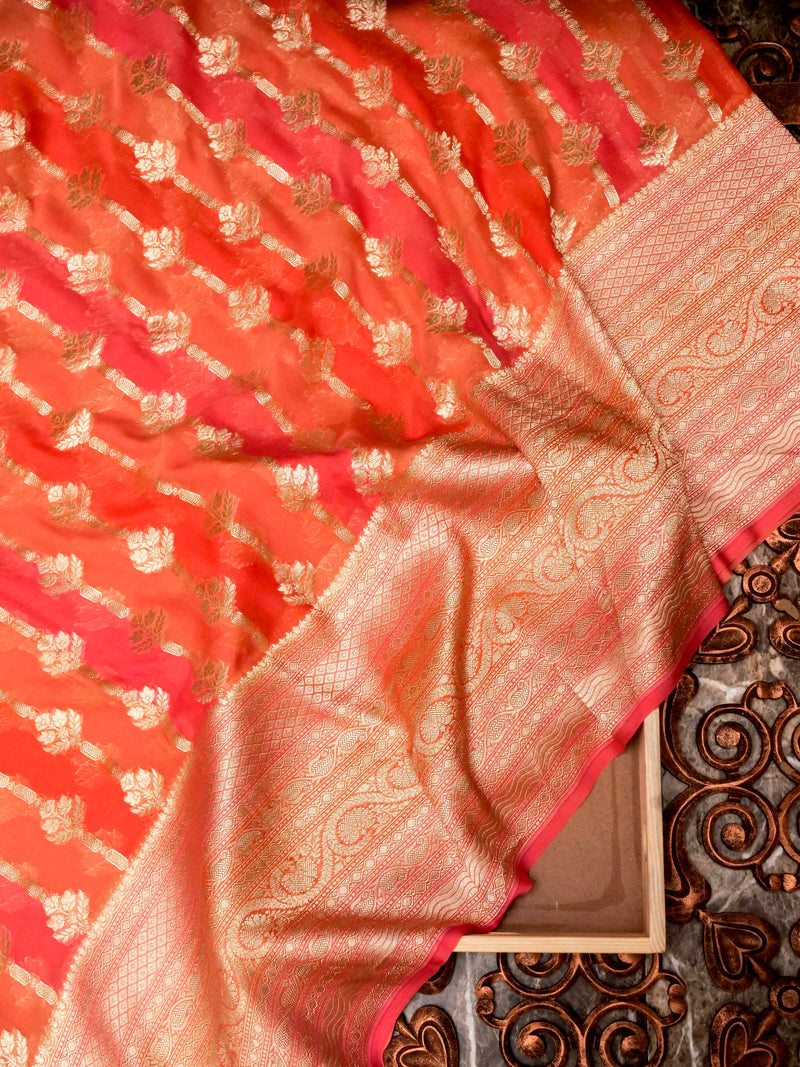 Handwoven Shaded Pink & Orange Banarasi Khaddi Georgette Silk Saree