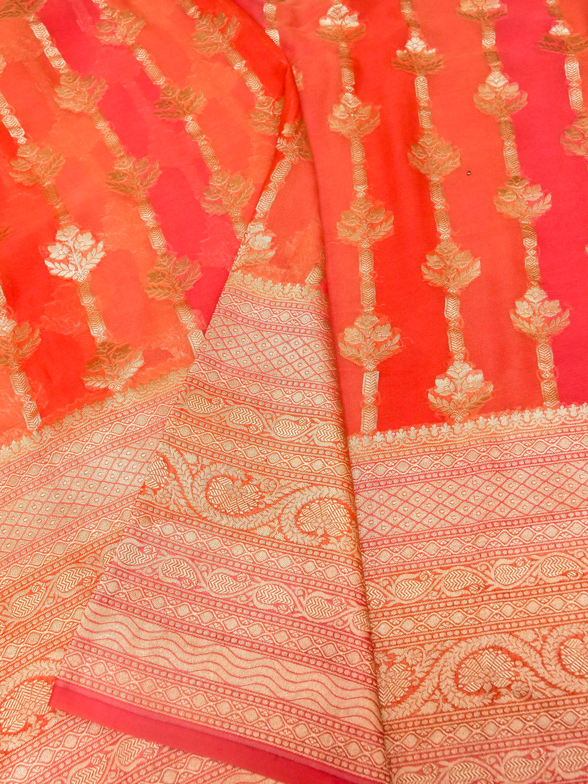 Handwoven Shaded Pink & Orange Banarasi Khaddi Georgette Silk Saree