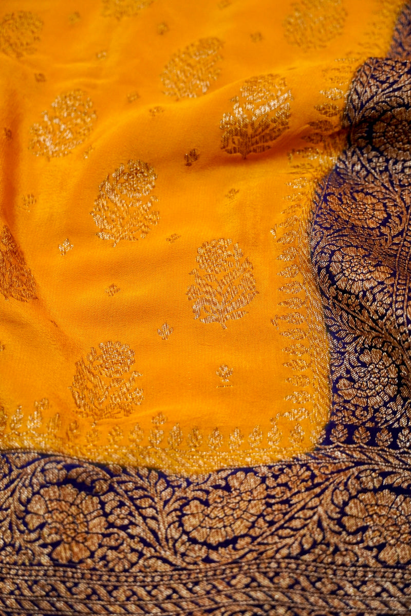 Handwoven Yellow Banarasi Crepe Georgette Saree