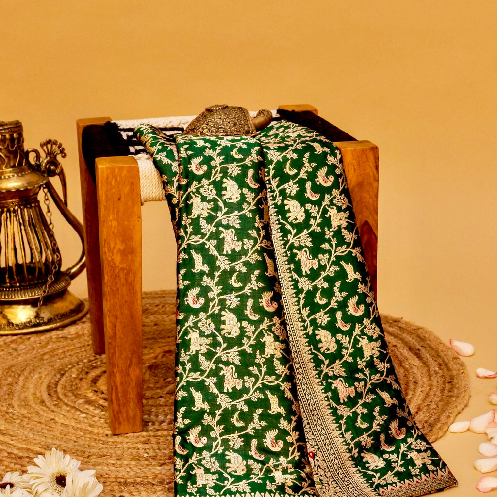 Handwoven Green Banarasi Shikargah Katan Silk Saree