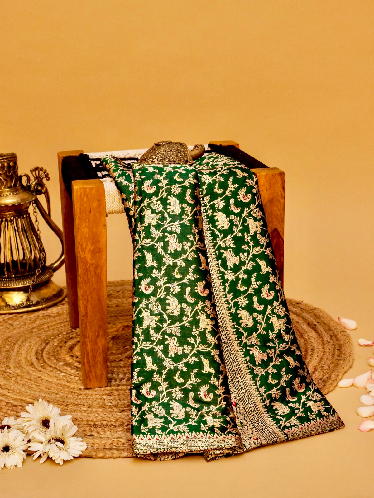 Handwoven Green Banarasi Shikargah Katan Silk Saree