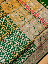 Handwoven Green Banarasi Shikargah Katan Silk Saree