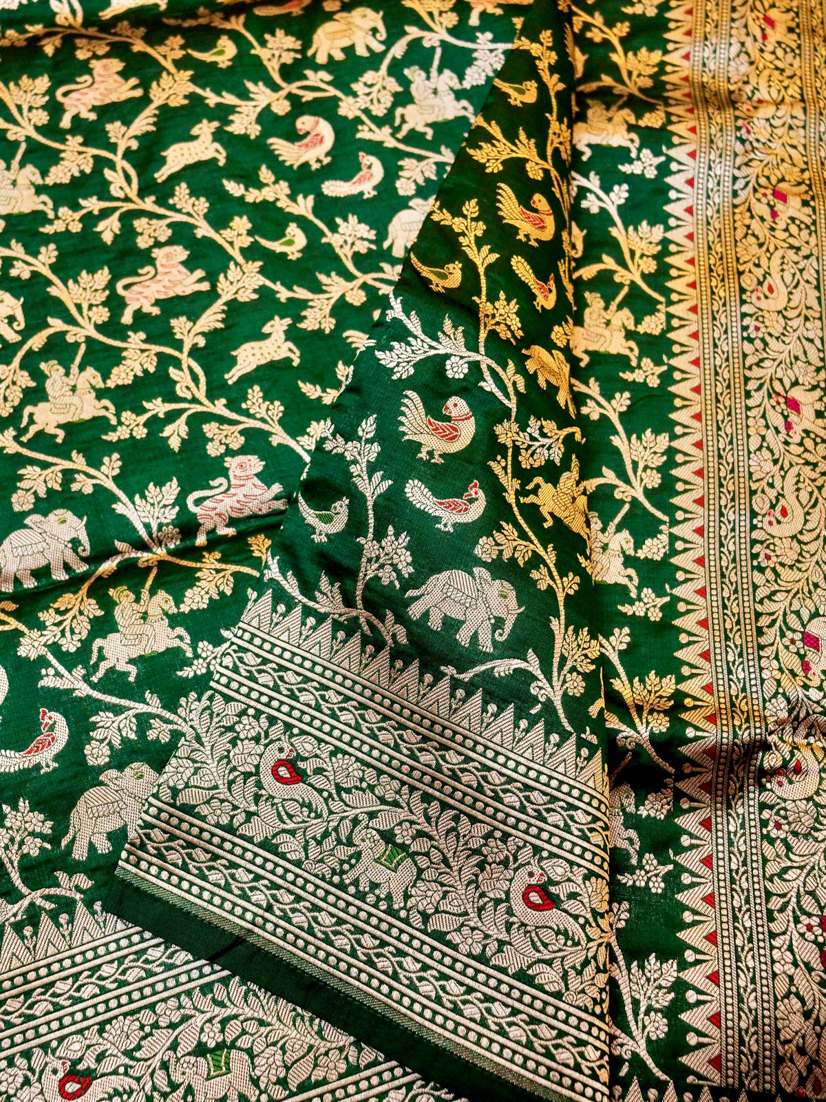 Handwoven Green Banarasi Shikargah Katan Silk Saree