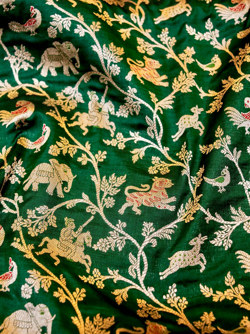 Handwoven Green Banarasi Shikargah Katan Silk Saree