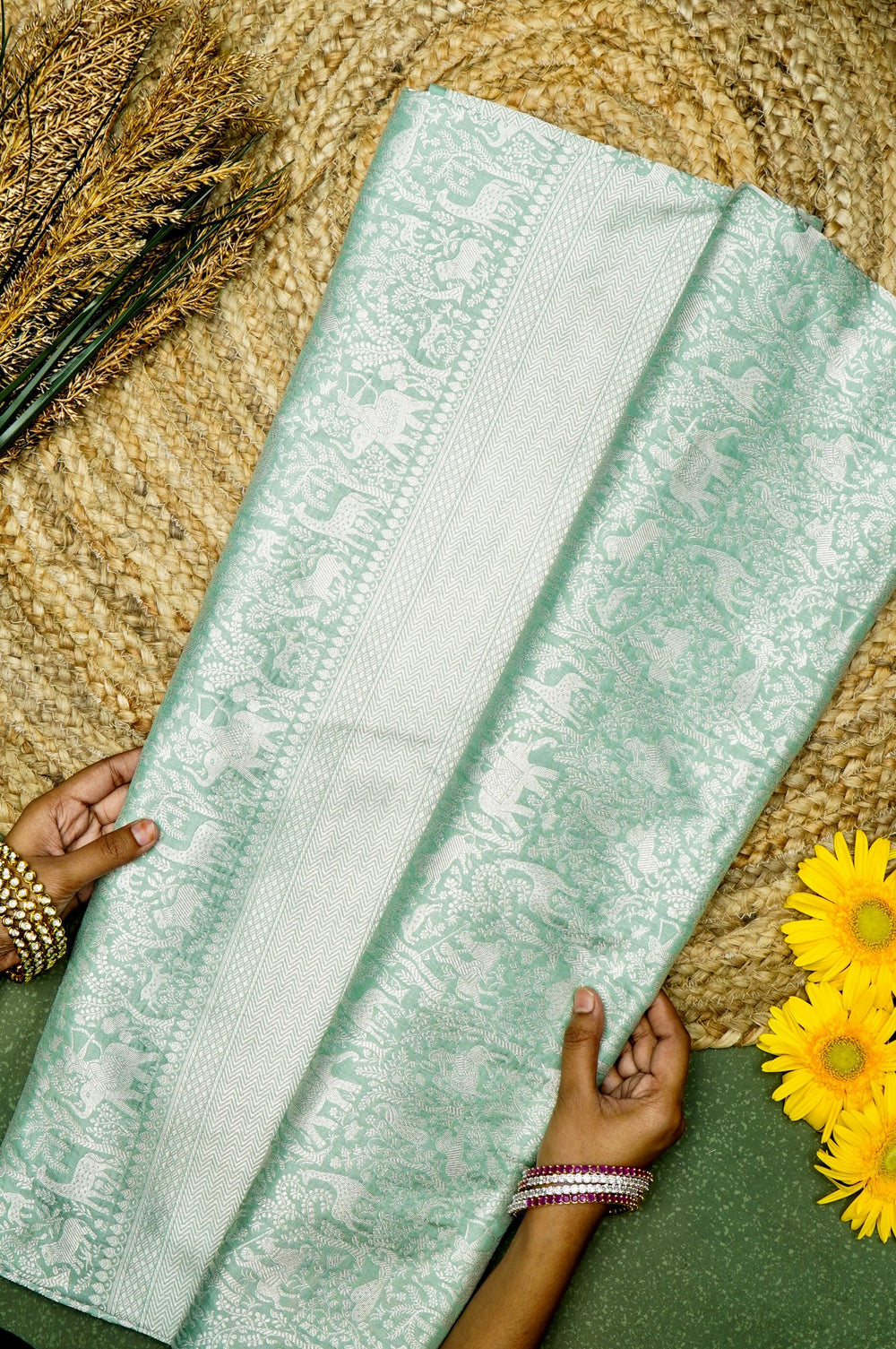 Handwoven Sea Green Banarasi Katan Silk Saree