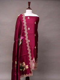 Handwoven Banarasi Maroon Embroidered Muslin Silk Suit