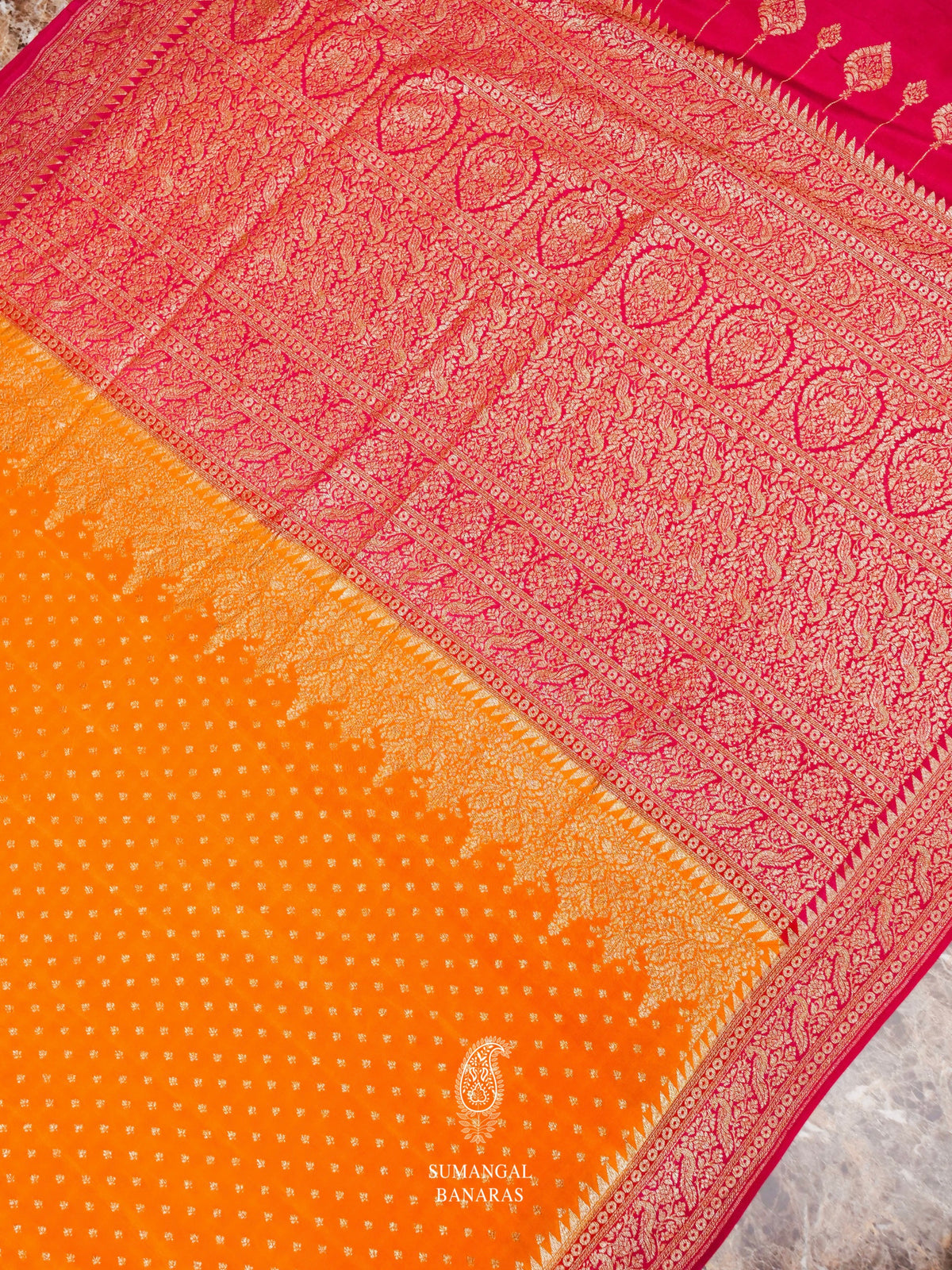 Handwoven Banarasi Orange Khaddi Crepe Saree