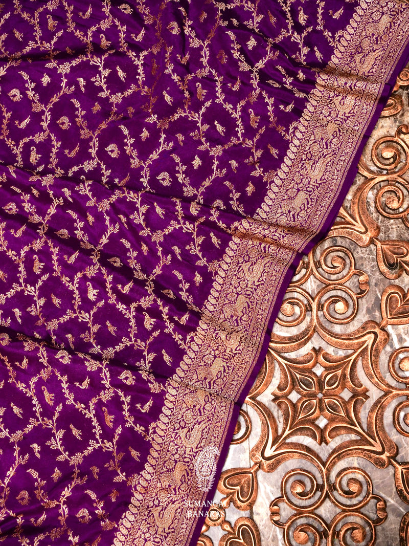 Handwoven Banarasi Violet Khaddi Crepe Saree