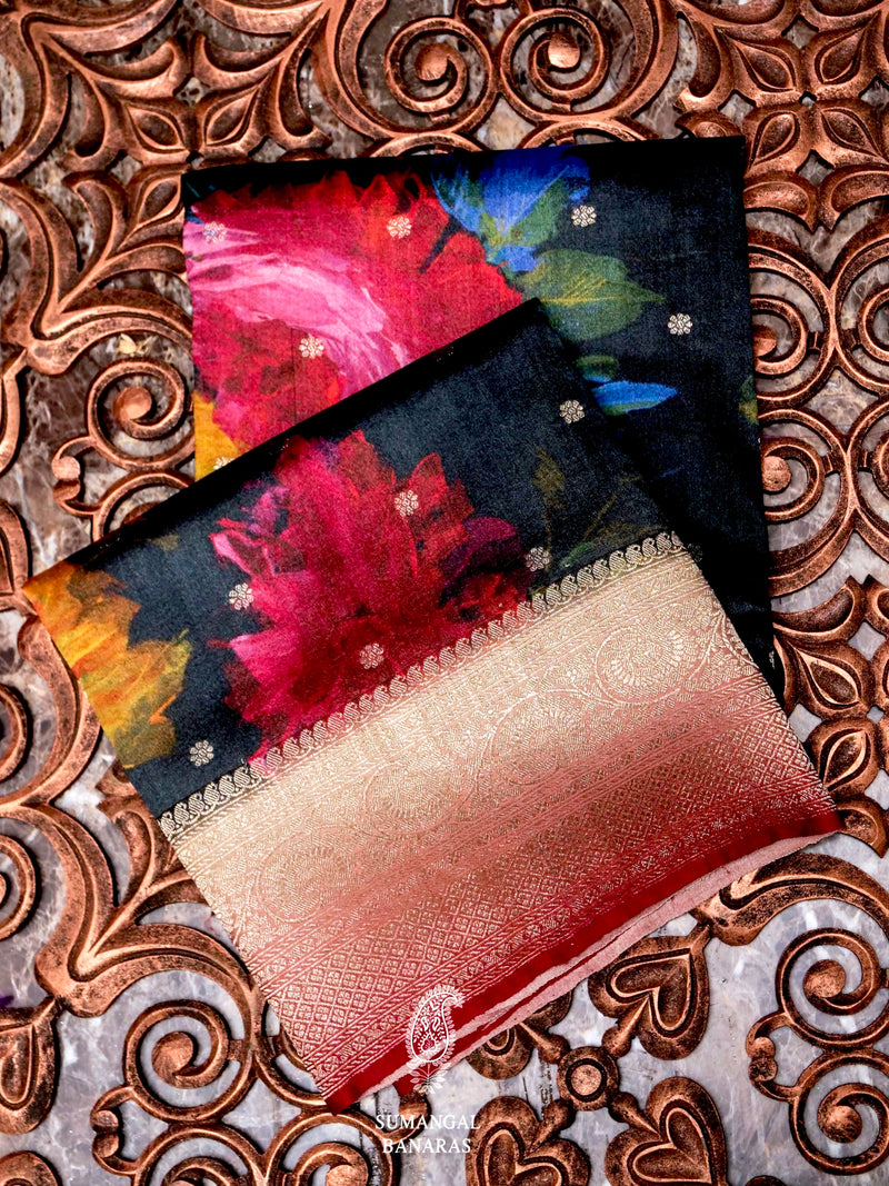 Handwoven Black Banarasi Tussar Silk Saree