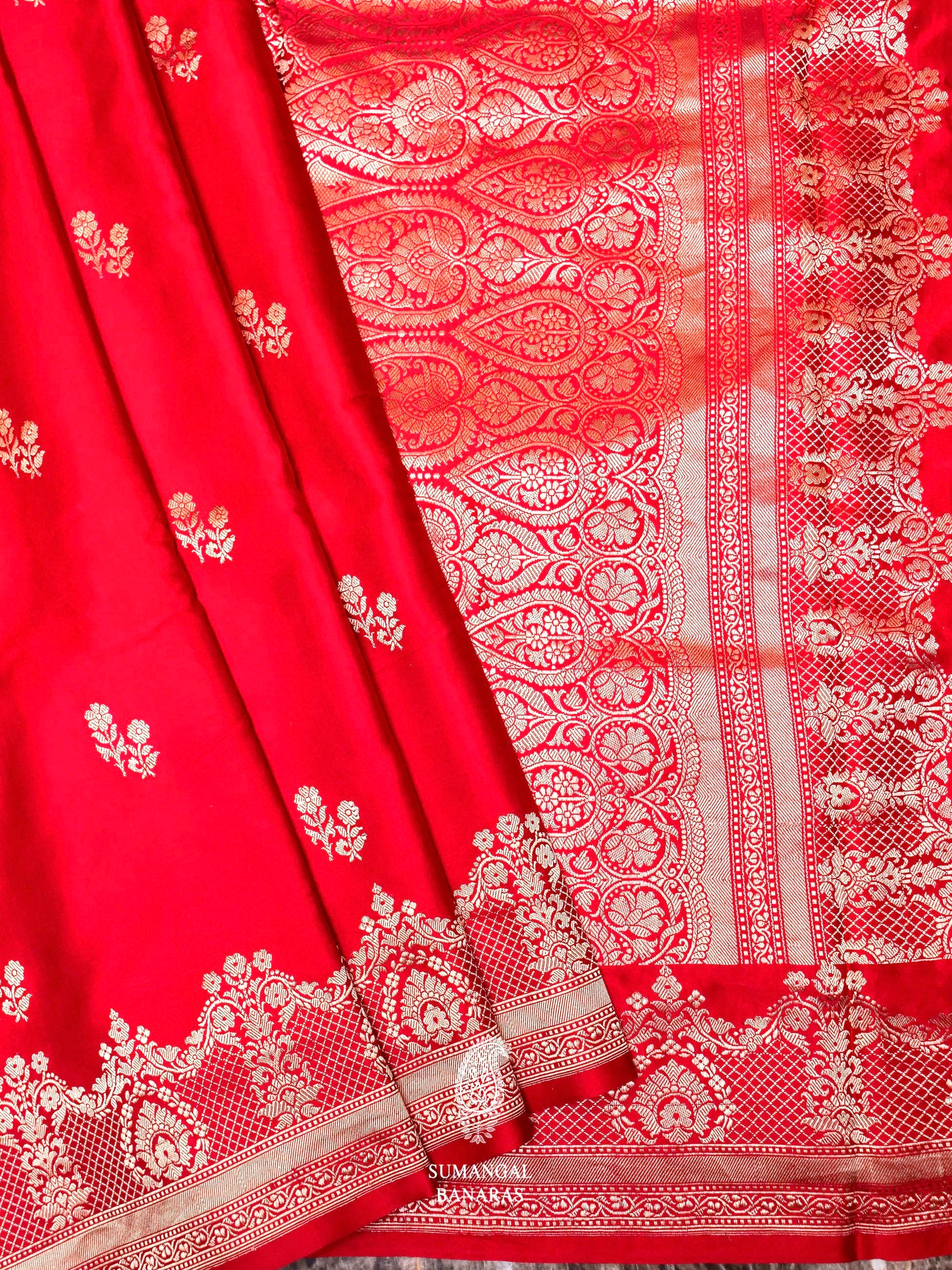 Handwoven Red Flower Banarasi Katan Silk Saree– Kosataga