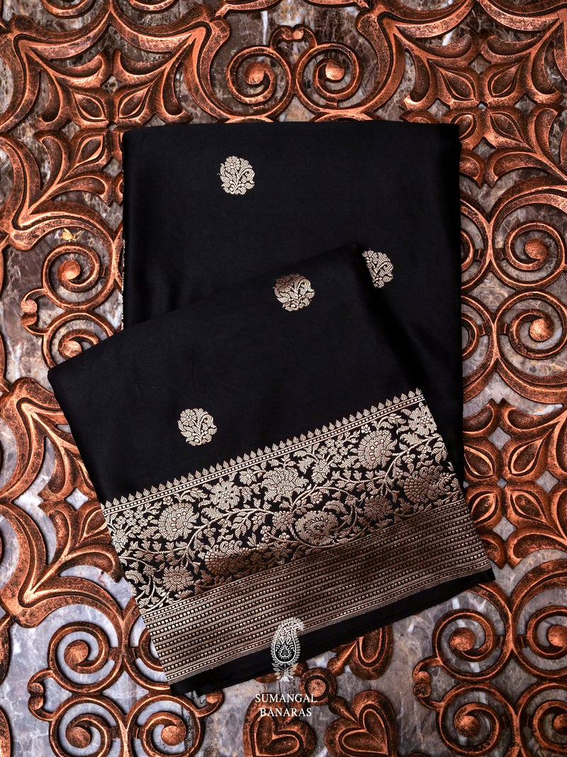 Handwoven Black Banarasi Crep Katan Soft Silk Saree