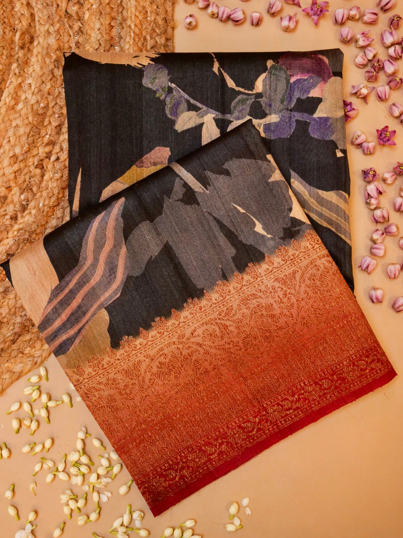 Handwoven Black Banarasi Tussar Silk Saree