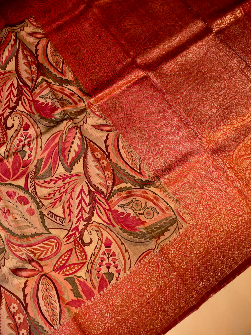 Handwoven Beige Banarasi Tussar Silk Saree