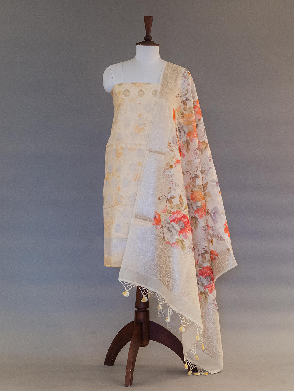 Handwoven Cream Banarasi Moonga Silk Suit