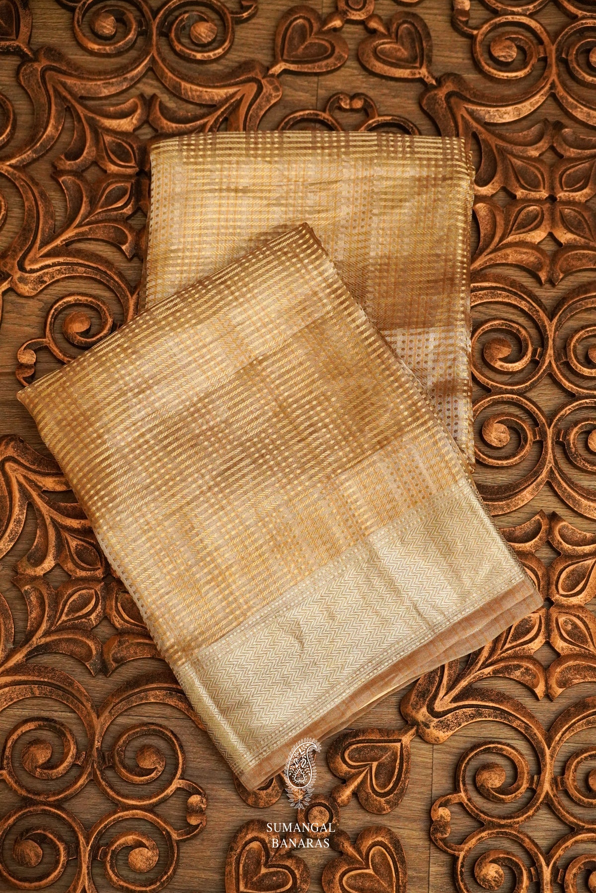 Handwoven Banarsi Silverish Gold Kora Silk Saree