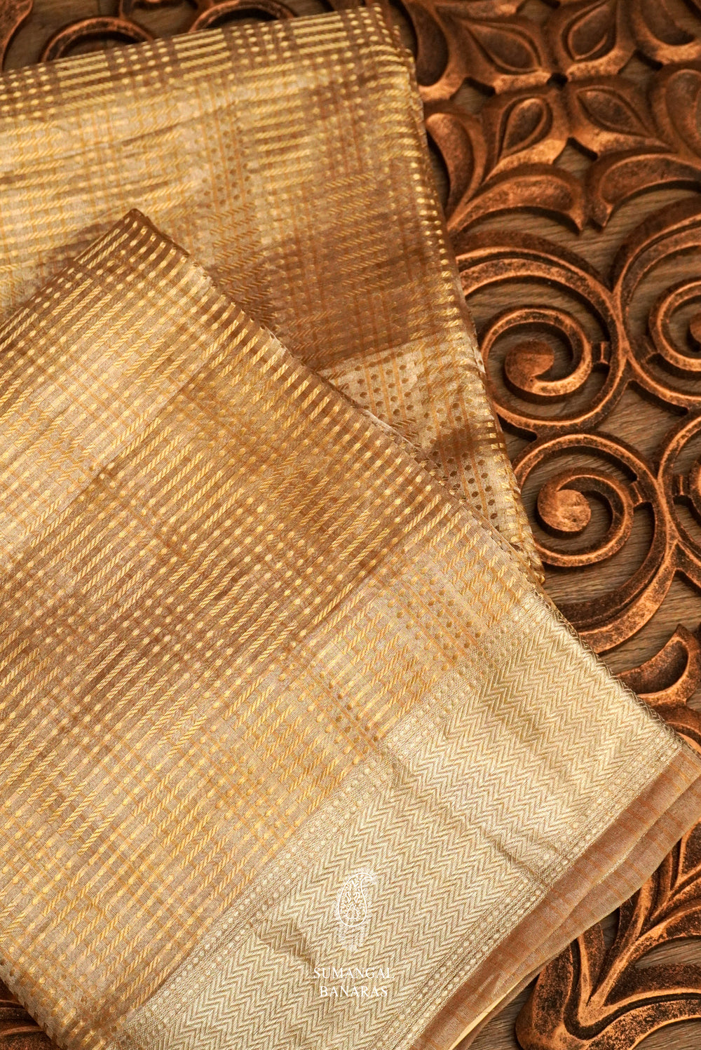 Handwoven Banarsi Silverish Gold Kora Silk Saree