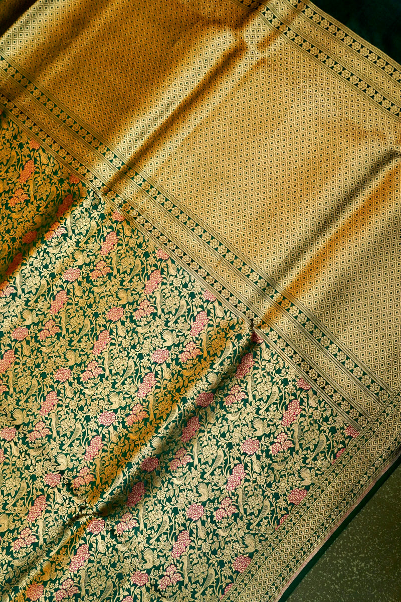 Handwoven Bottle Green Banarasi Katan Silk Saree