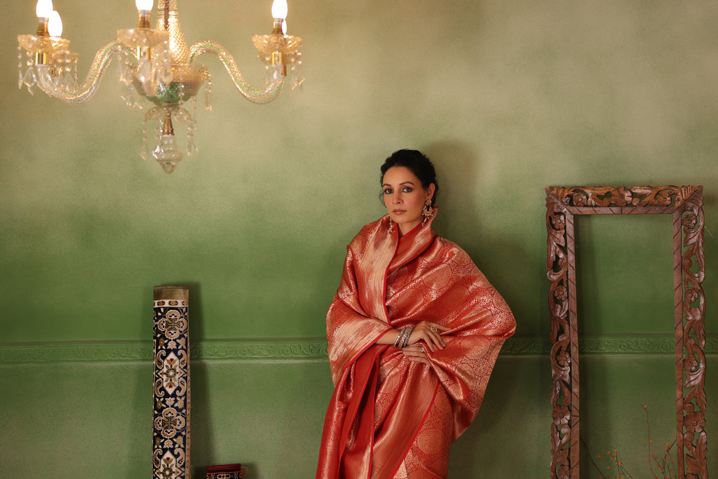 Surkh | Handwoven Red Banarasi Katan Soft Silk Saree