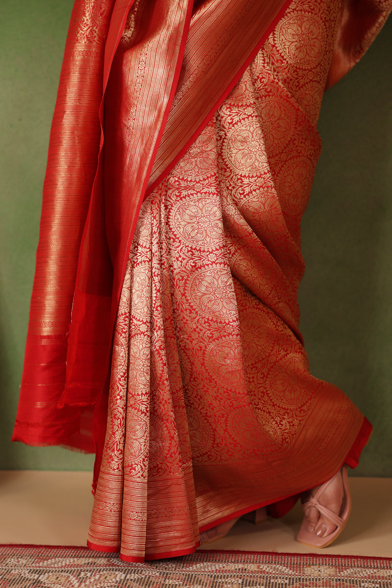 Surkh | Handwoven Red Banarasi Katan Soft Silk Saree