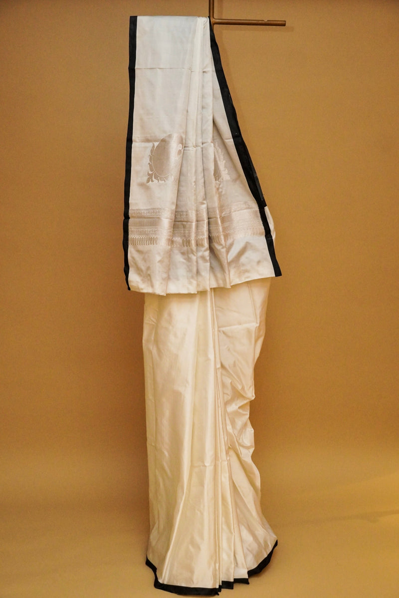 Handwoven White Banarasi Katan Soft Silk Saree