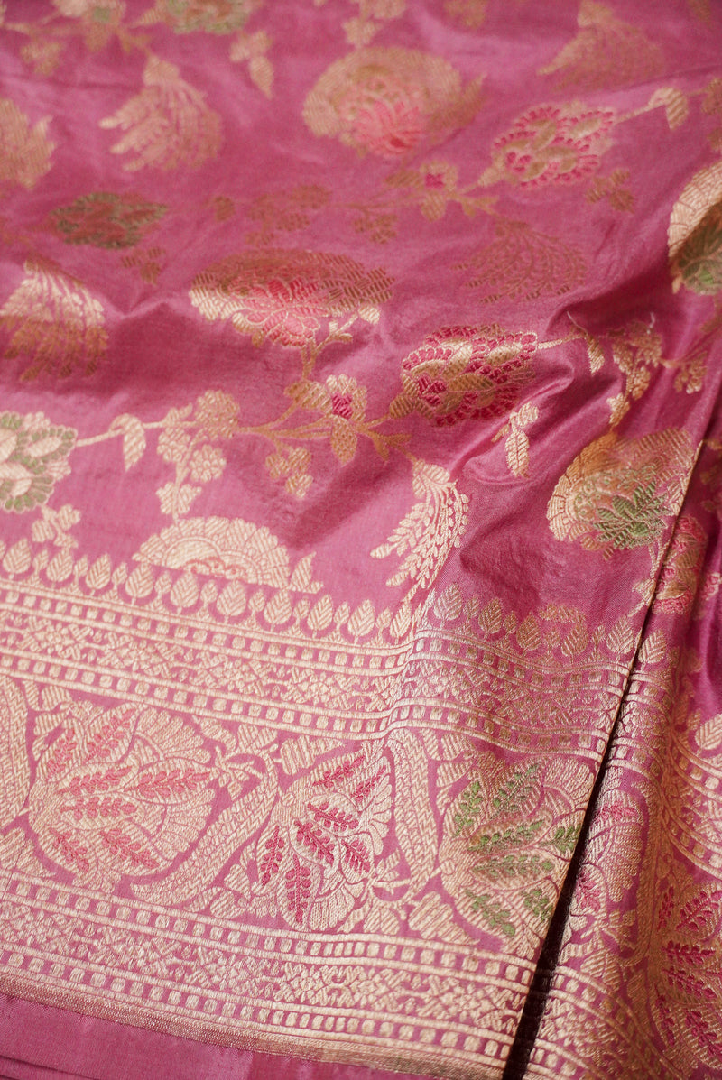 Handwoven Onion Pink Banarasi Katan Silk Saree