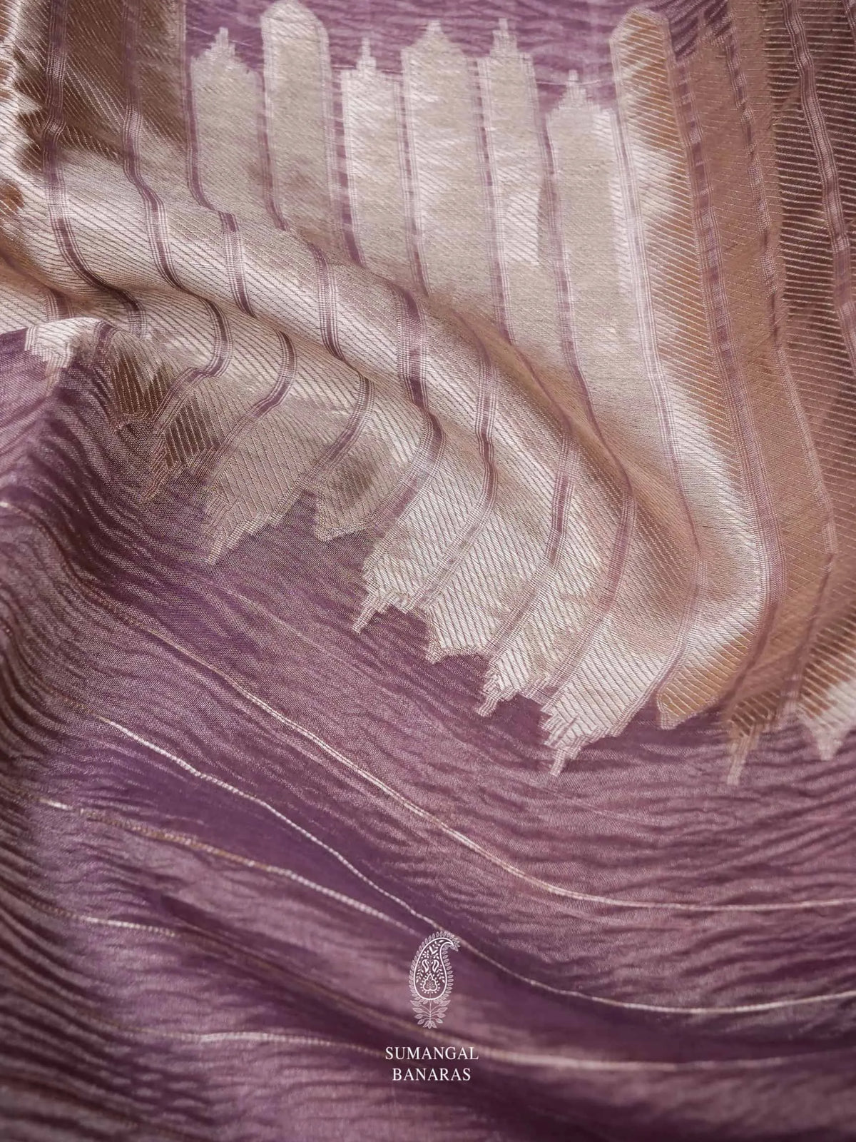 Handwoven Onion Pink Banarasi Crush Tissue Silk Saree