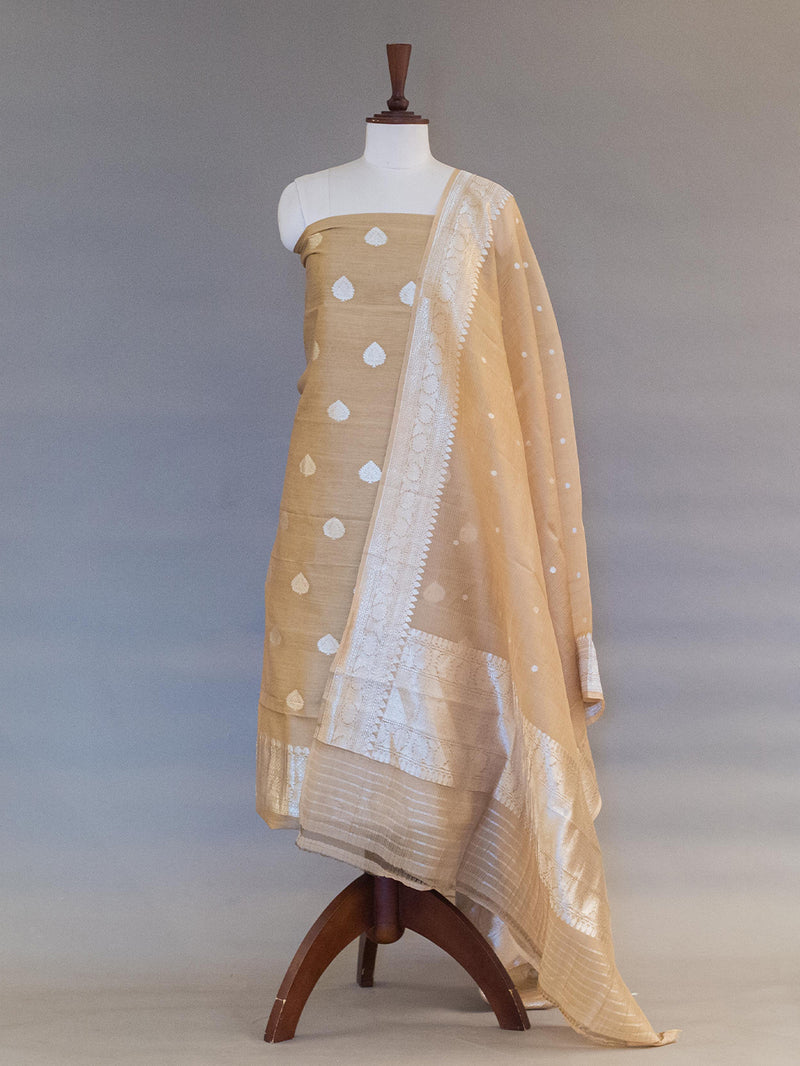 Handwoven Beige Banarasi Linen Silk Suit
