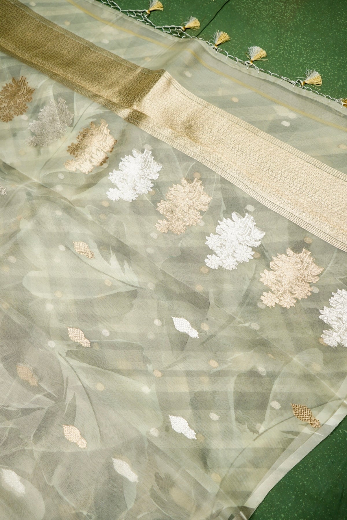 Handwoven Sage Green Banarasi Organza Saree