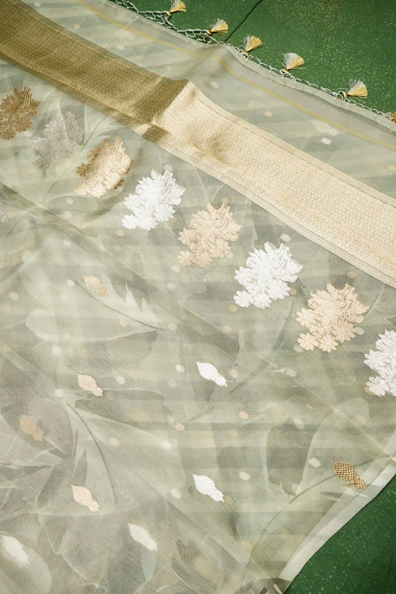 Handwoven Sage Green Banarasi Organza Saree