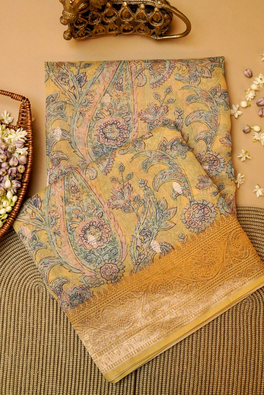 Handwoven Pastel Yellow Banarasi Tussar Silk Saree