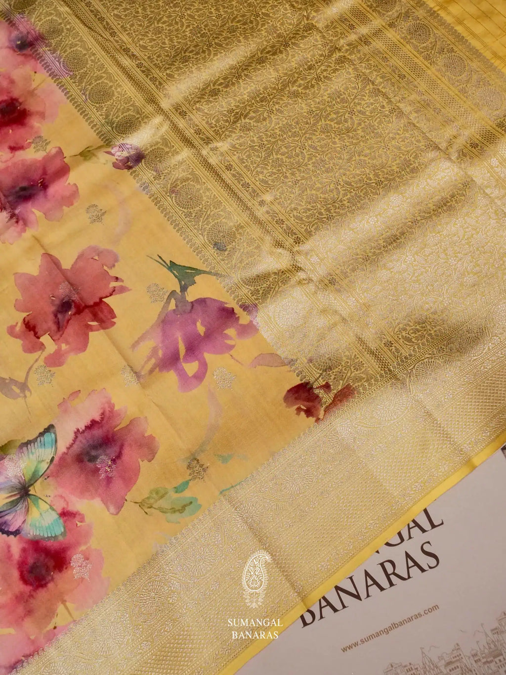 Handwoven Yellow  Banarasi Tussar Silk Saree
