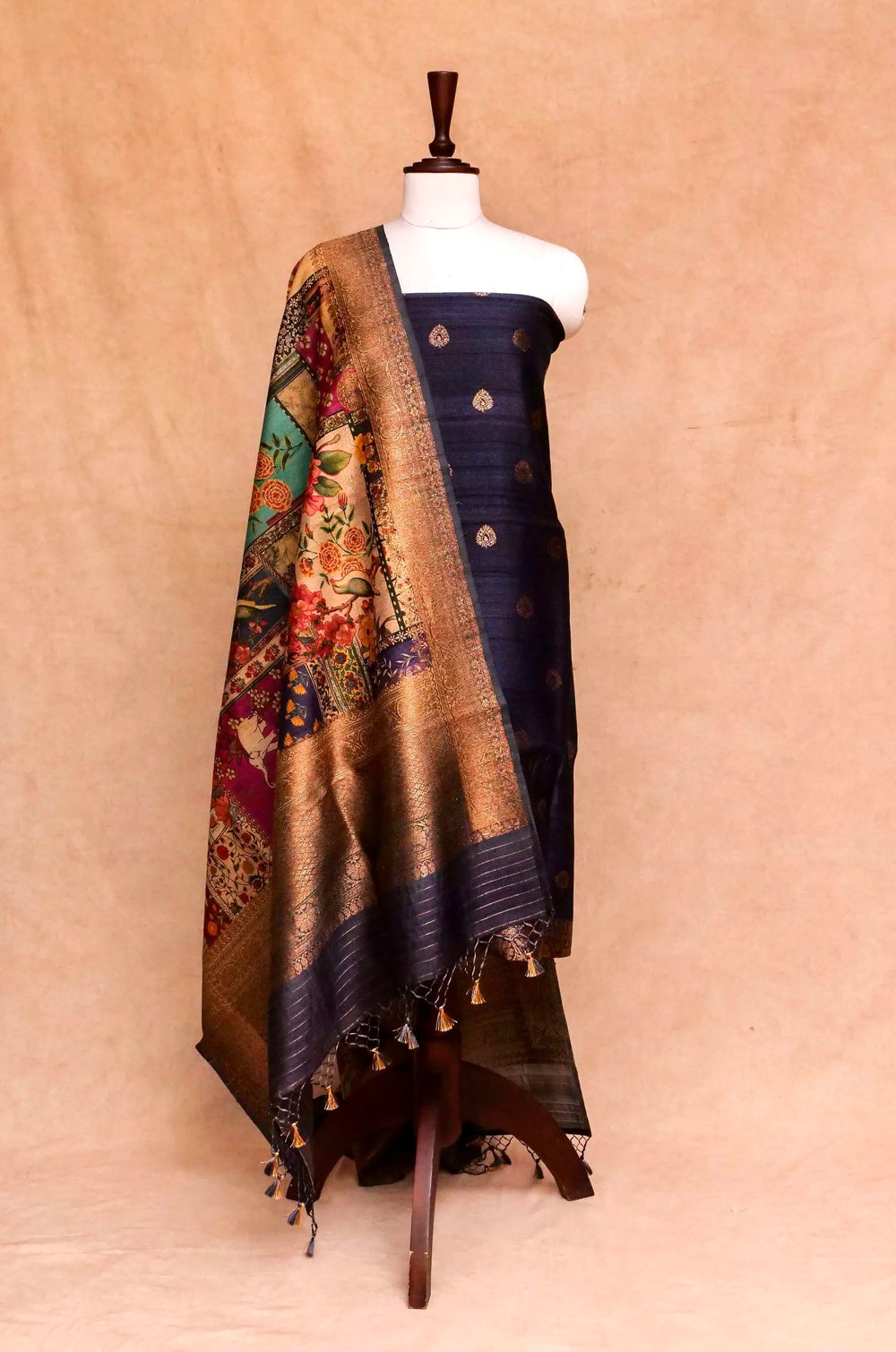 Handwoven Banarasi Ink Blue Tussar Silk Suit