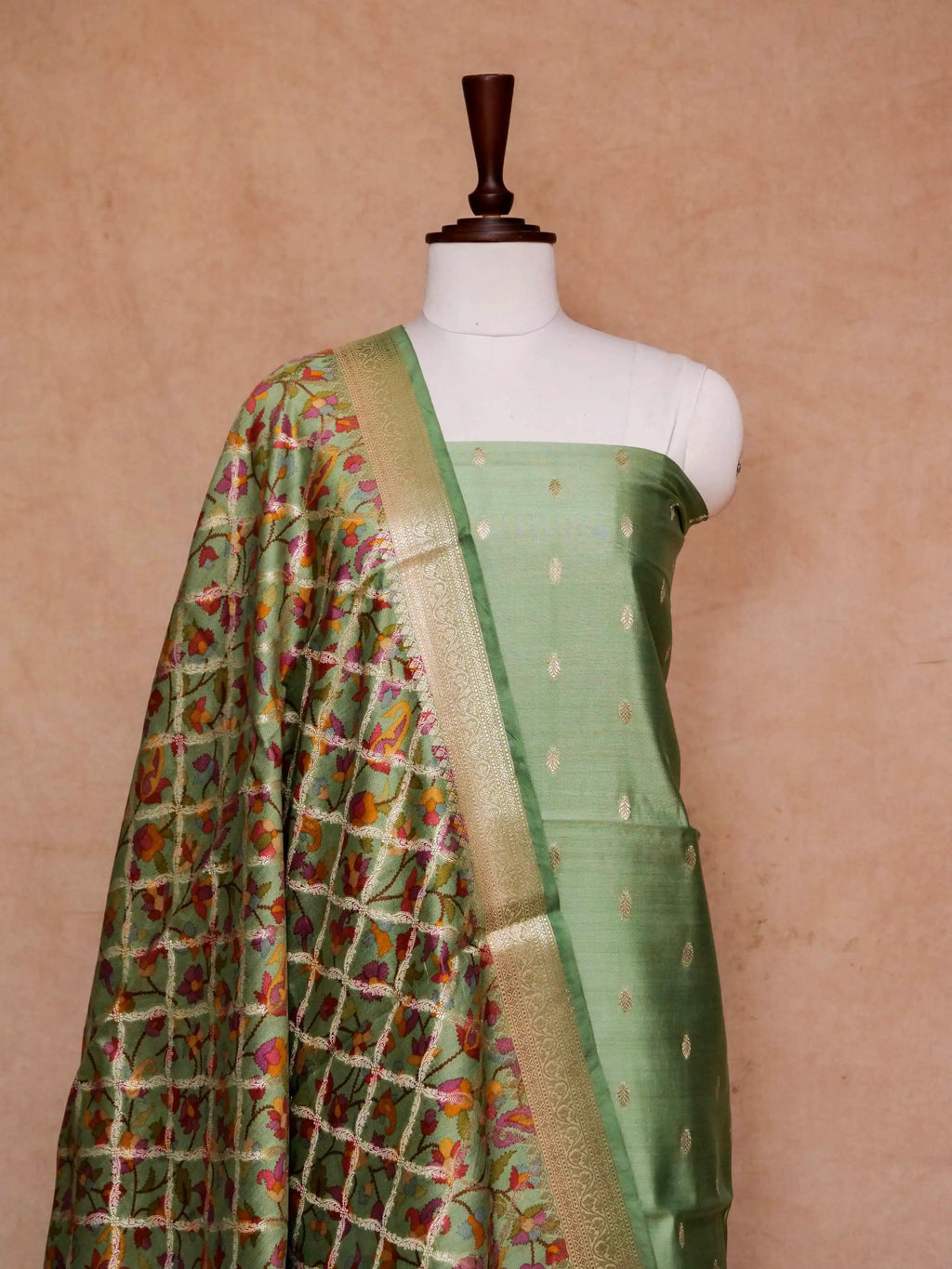 Handwoven Banarasi Pista Green Soft Silk Suit