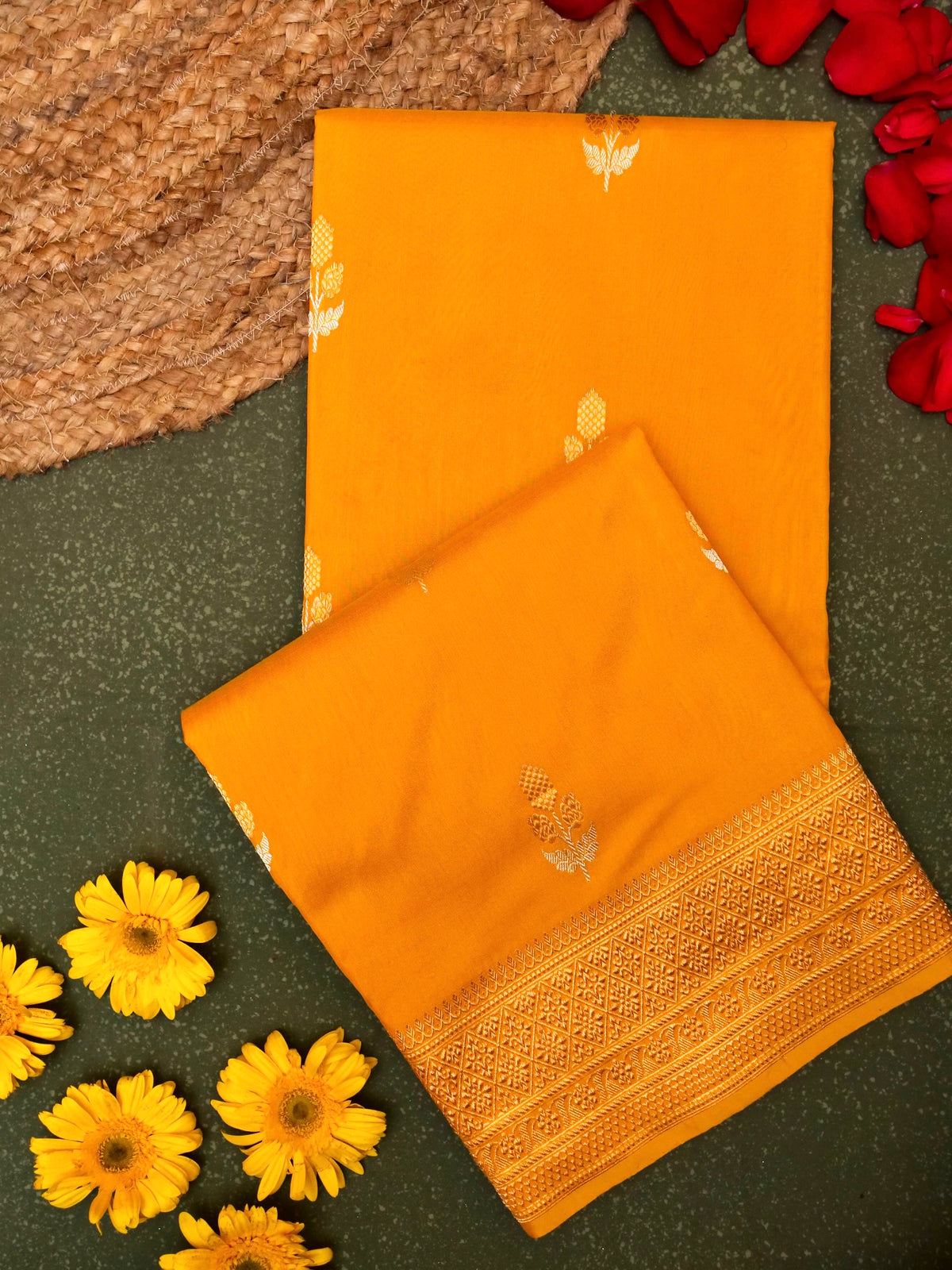 Handwoven Mustard Yellow Banarasi Katan Silk Saree