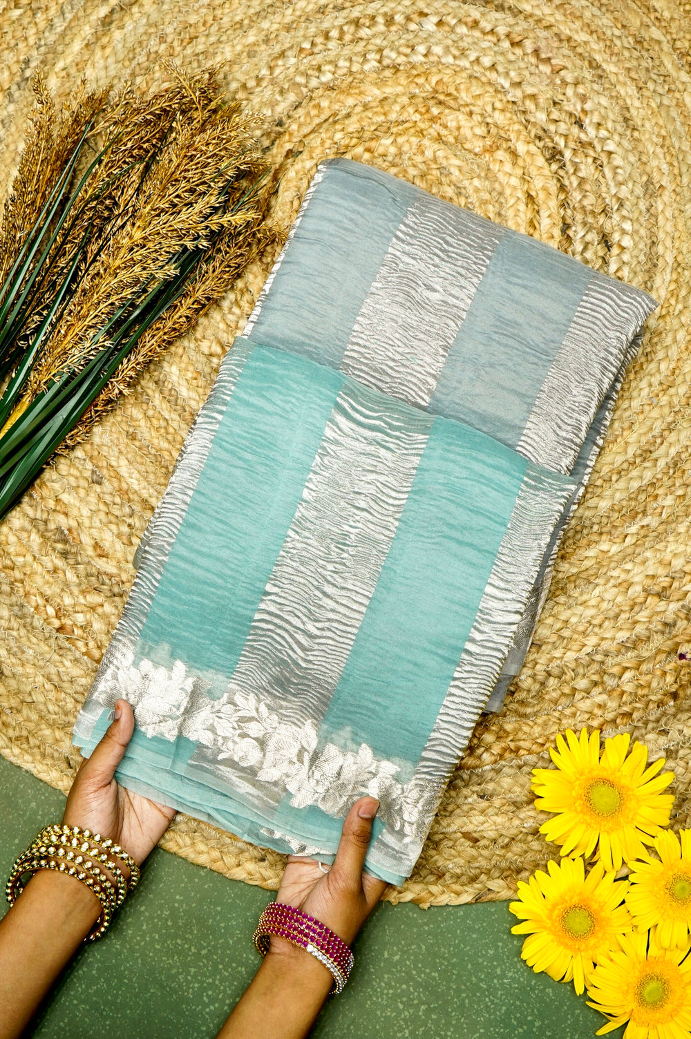 Handwoven Sea Green Banarasi Crush Tissue Silk Saree