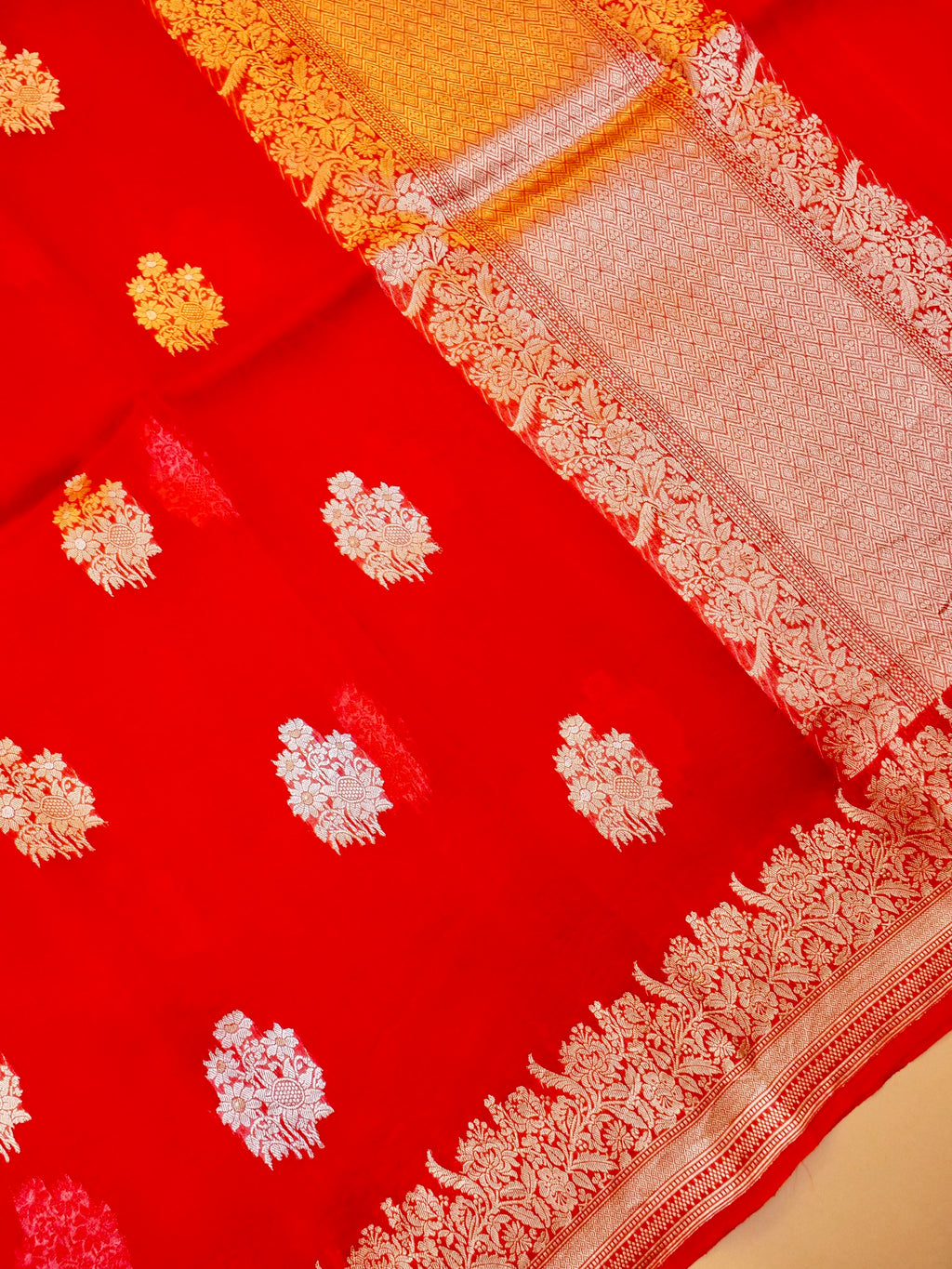 Handwoven Red Banarasi Kora Silk Saree