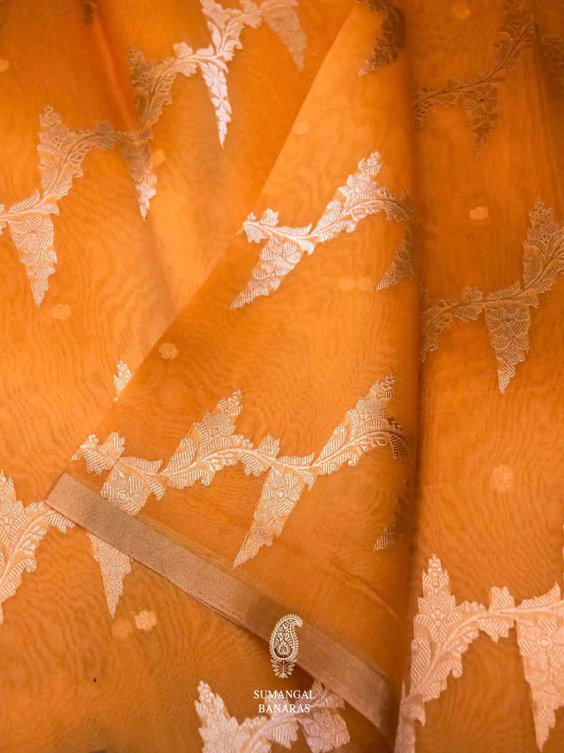 Handwoven Mango Orange Banarasi Organza Saree
