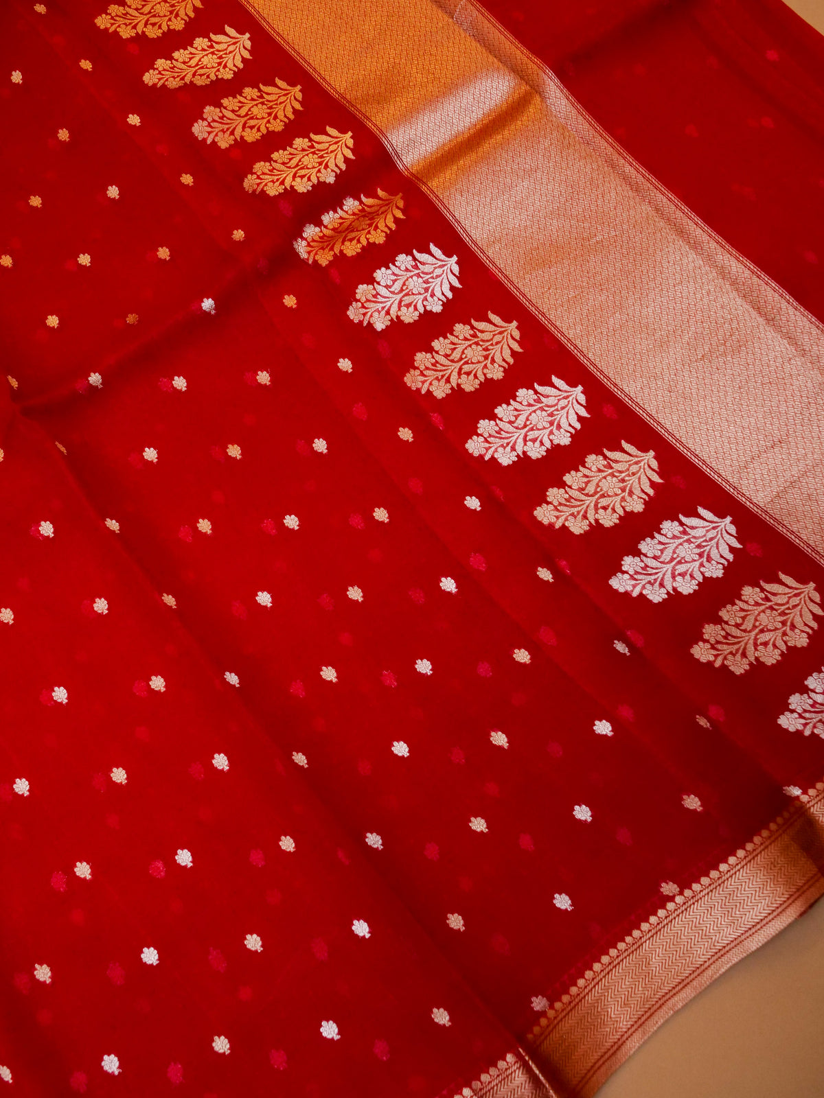 Handwoven Red Banarasi Kora Silk Saree