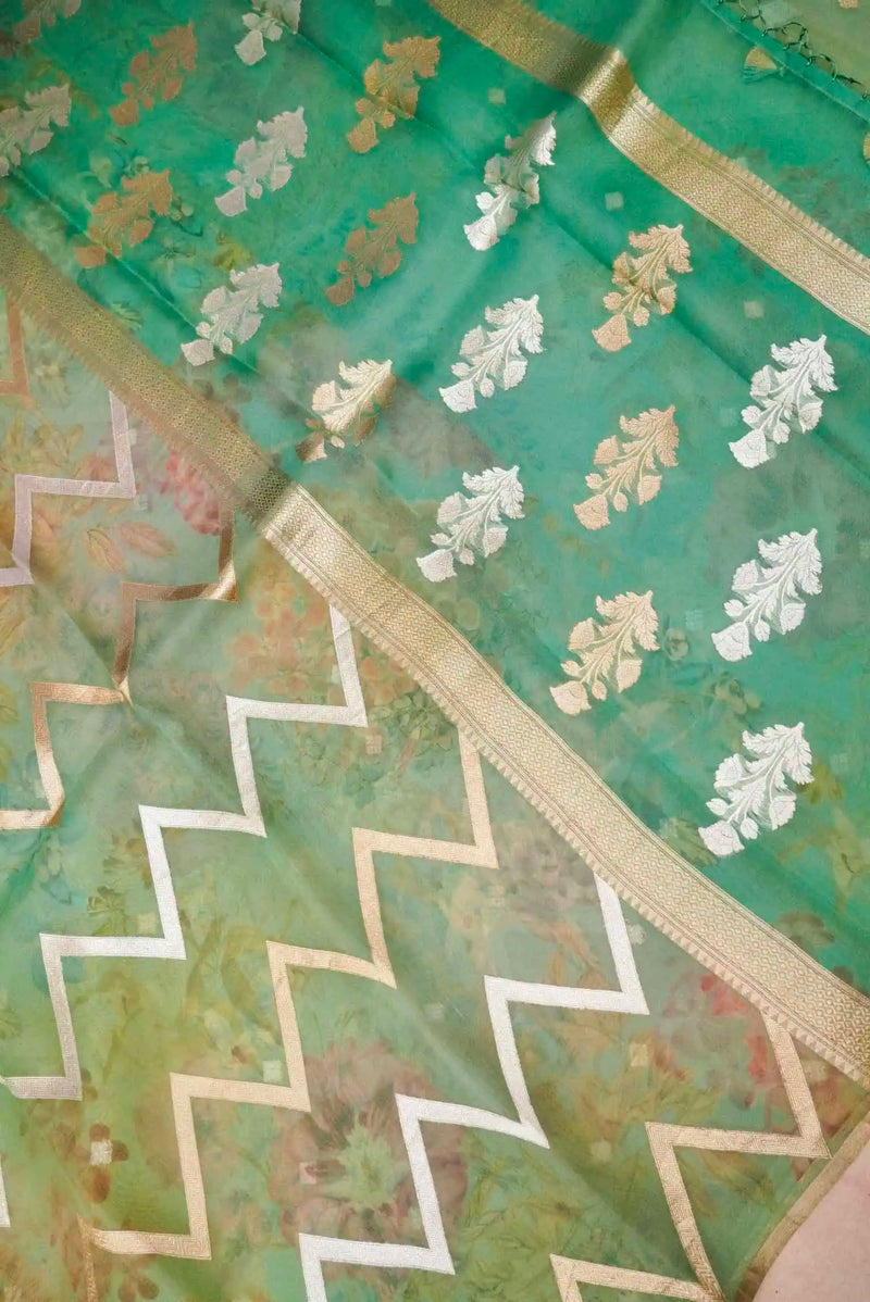 Handwoven Green Banarasi Kora Silk Saree