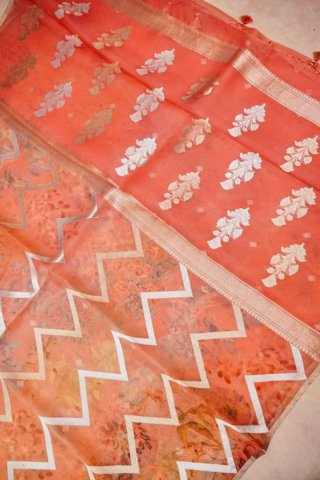 Handwoven Orange Banarasi  Kora Silk Saree