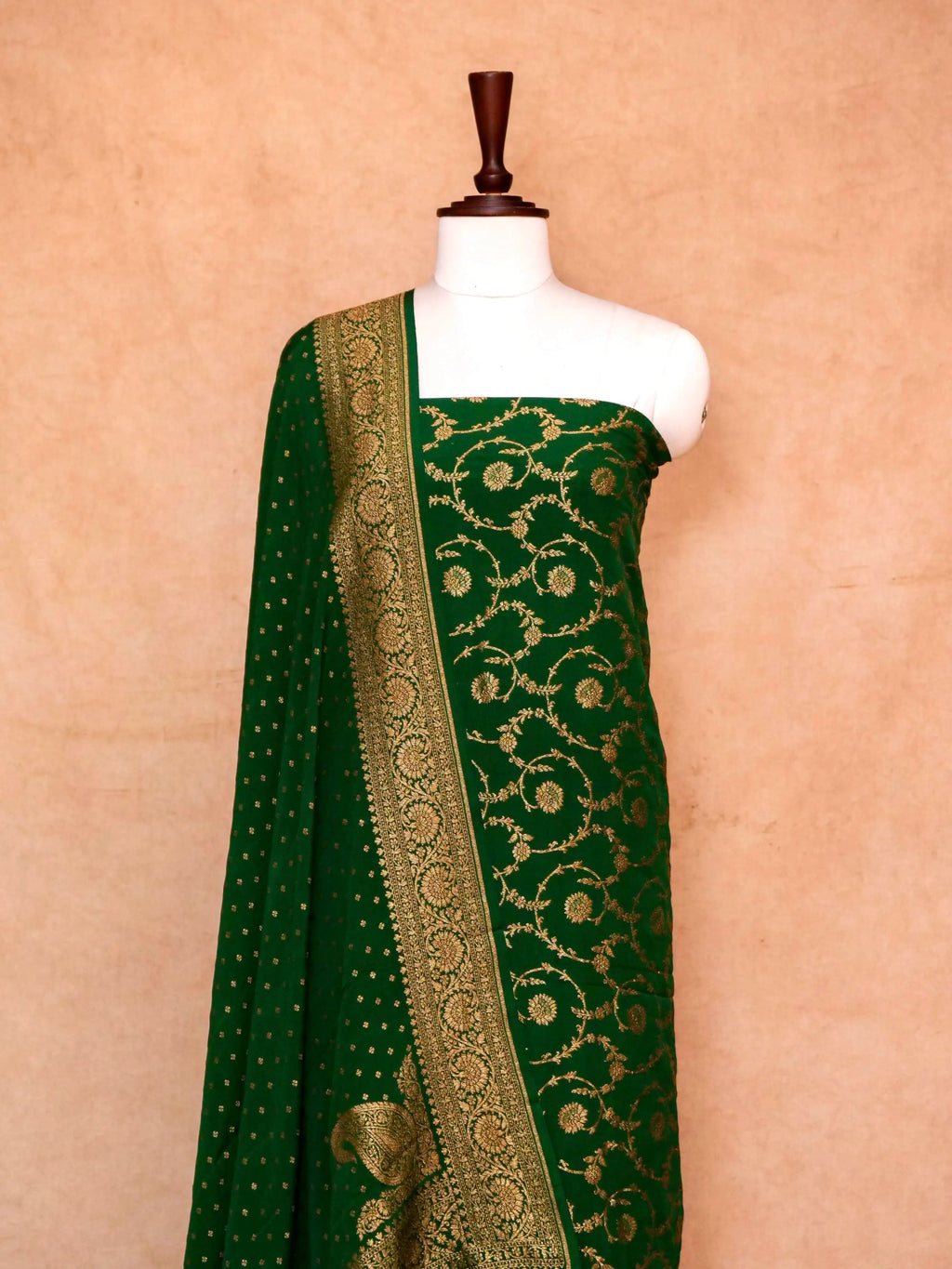 Handwoven Banarasi Green Khaddi Georgette Suit